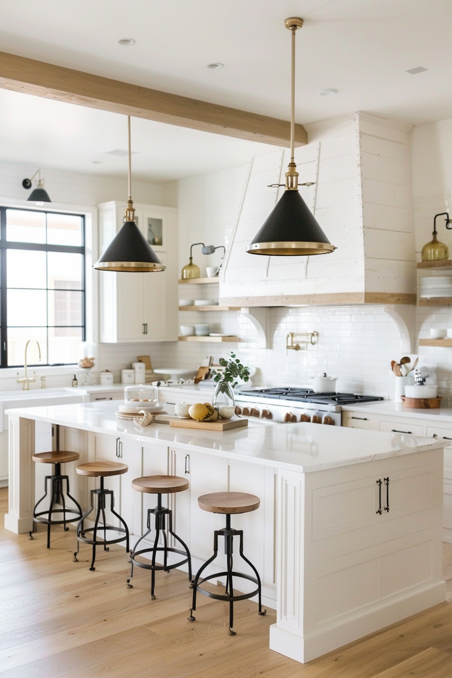 Modern kitchen interior with white cabinetry, marble countertops, black pendant lights, and wooden stools with iron legs.