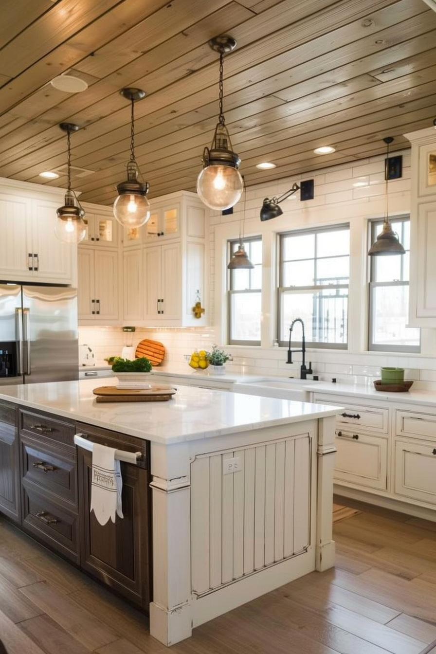 Bright, modern kitchen with white cabinets, wooden ceiling, and hanging lights over an island with fresh produce.