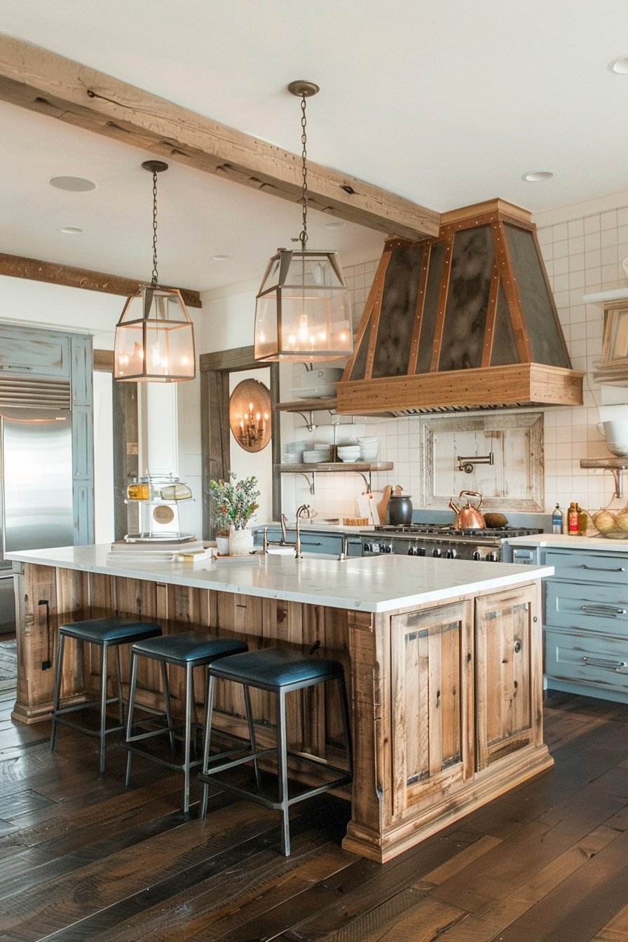 A warm and inviting kitchen with rustic wood cabinetry, a central island with stools, and elegant hanging lanterns.