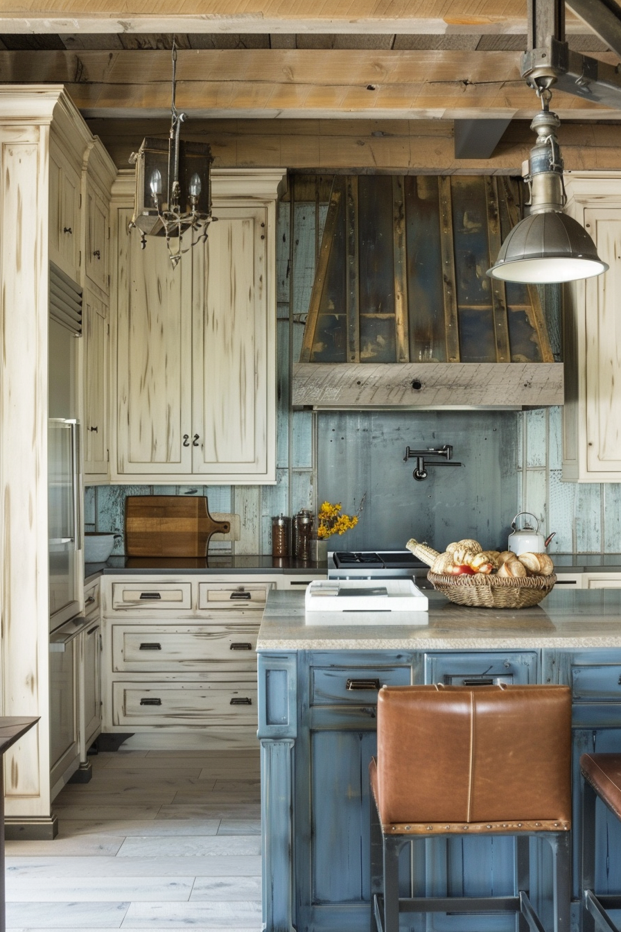 Rustic kitchen with distressed white and blue cabinets, exposed wooden beams, and industrial-style lighting, complete with a basket of bread.