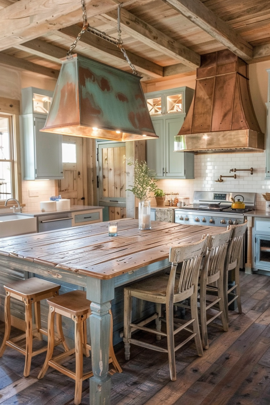 Rustic kitchen interior with a large wooden dining table, chairs, hanging copper lighting, and a farmhouse sink.