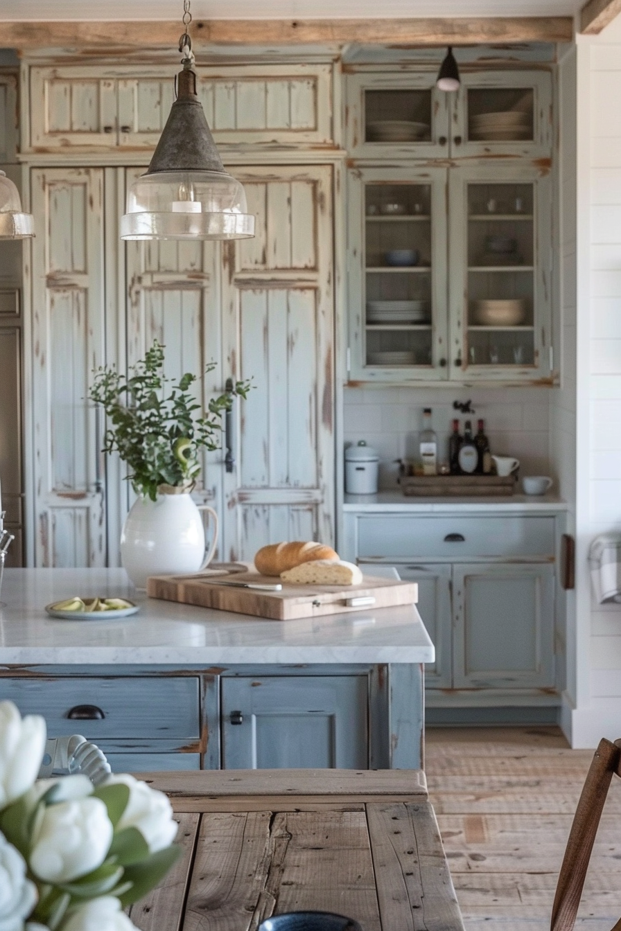 A cozy, rustic kitchen with distressed blue cabinets, marble countertops, and pendant lighting, featuring a vase of greenery and fresh bread.