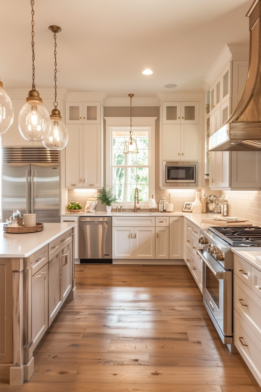 Elegant kitchen interior with white cabinetry, stainless steel appliances, pendant lights, and hardwood floors.