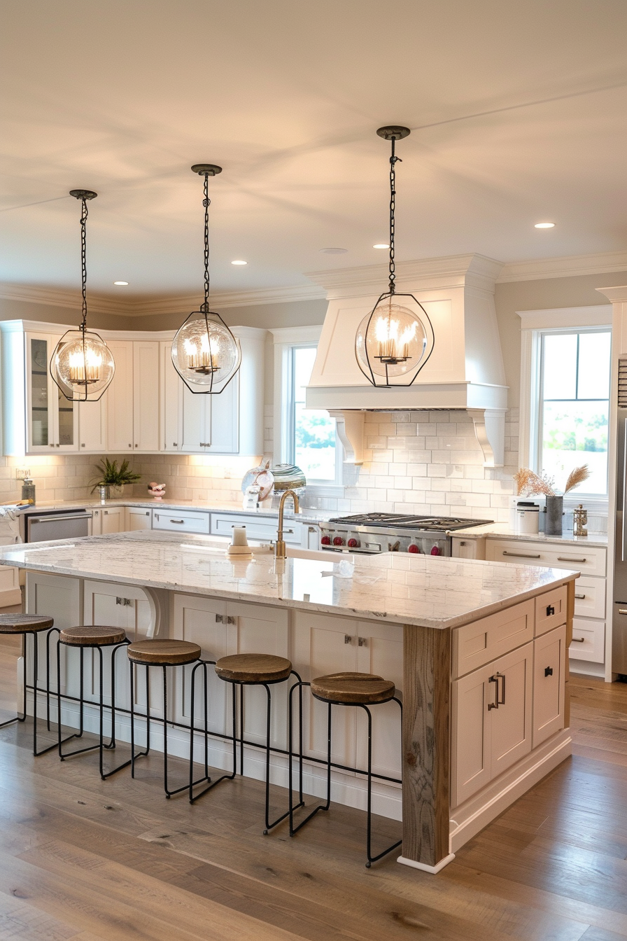 Elegant kitchen interior with white cabinetry, marble countertops, three pendant lights, and a breakfast bar with stools.
