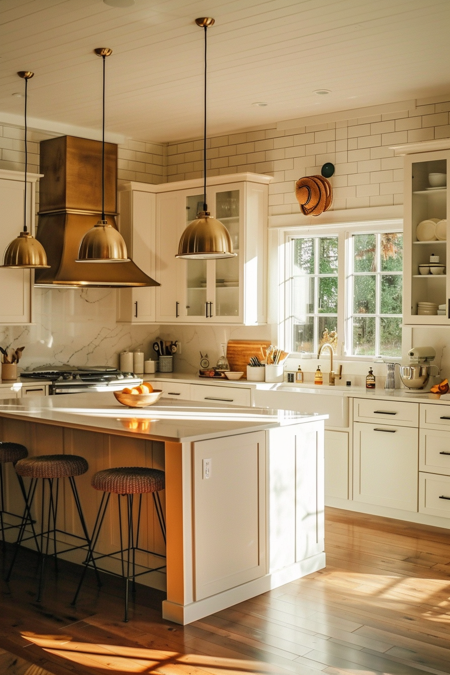 Bright, sunny kitchen interior with white cabinets, marble countertops, brass pendant lights, and a wooden floor.