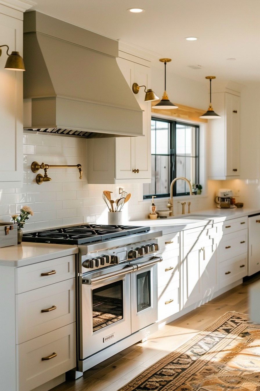 A modern kitchen interior with white cabinetry, stainless steel stove, gold accents, and pendant lights, basking in natural sunlight.
