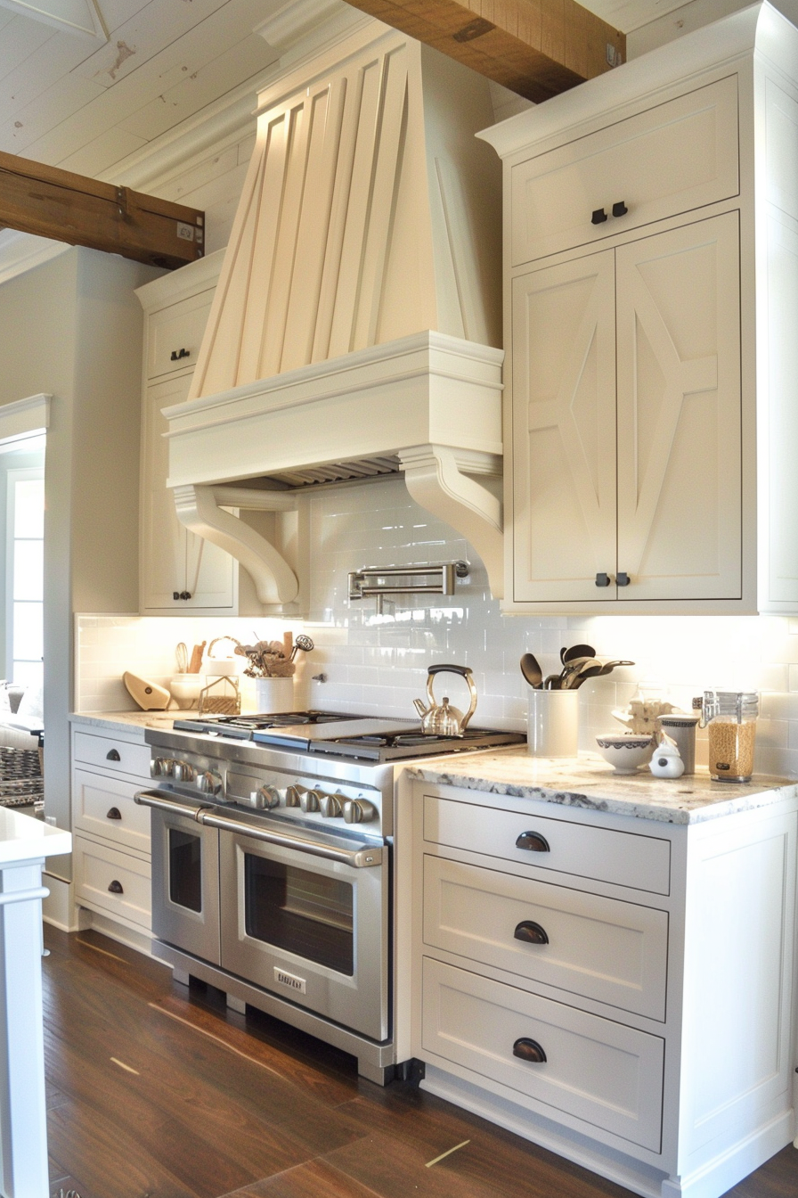 Elegant white kitchen interior with large stove, cabinets, and utensils on the counter under a decorative hood.