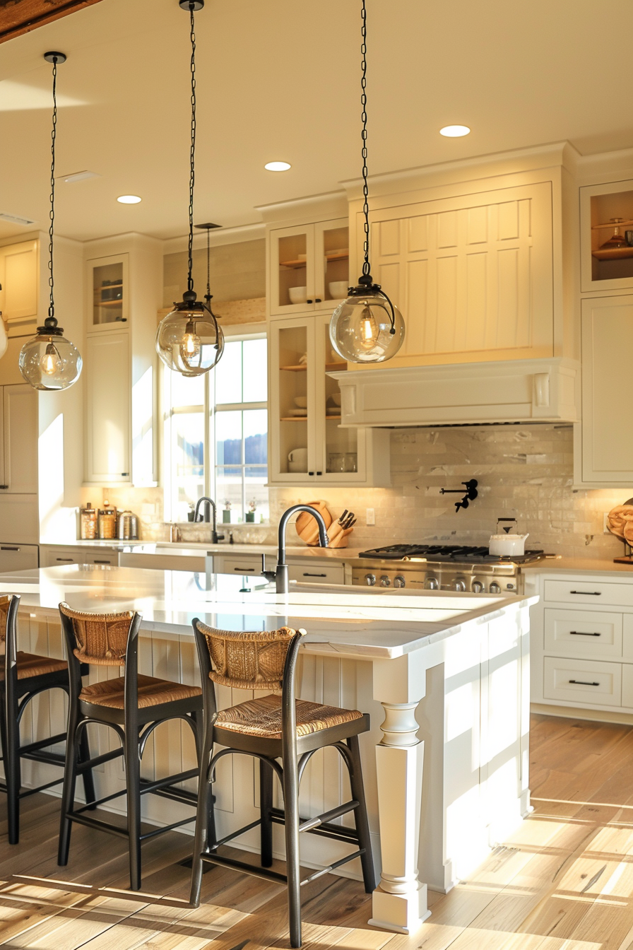 A bright, modern kitchen with white cabinetry, a central island with bar stools, and elegant glass pendant lights.