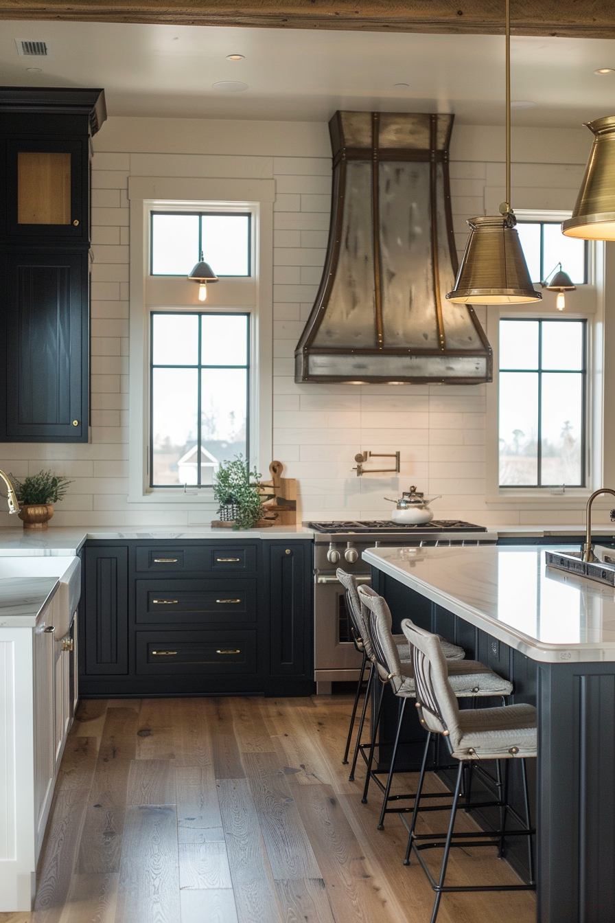 Elegant kitchen interior with black cabinetry, white subway tiles, a large island with stools, and pendant lights.