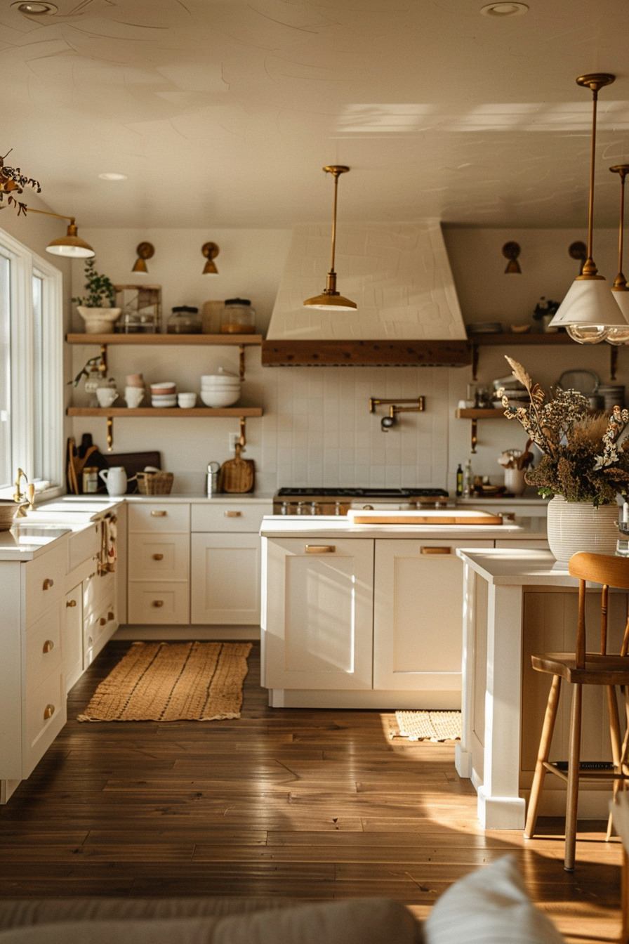 Cozy kitchen interior with warm lighting, wooden floors, a white island, pendant lights, and open shelving with pottery.