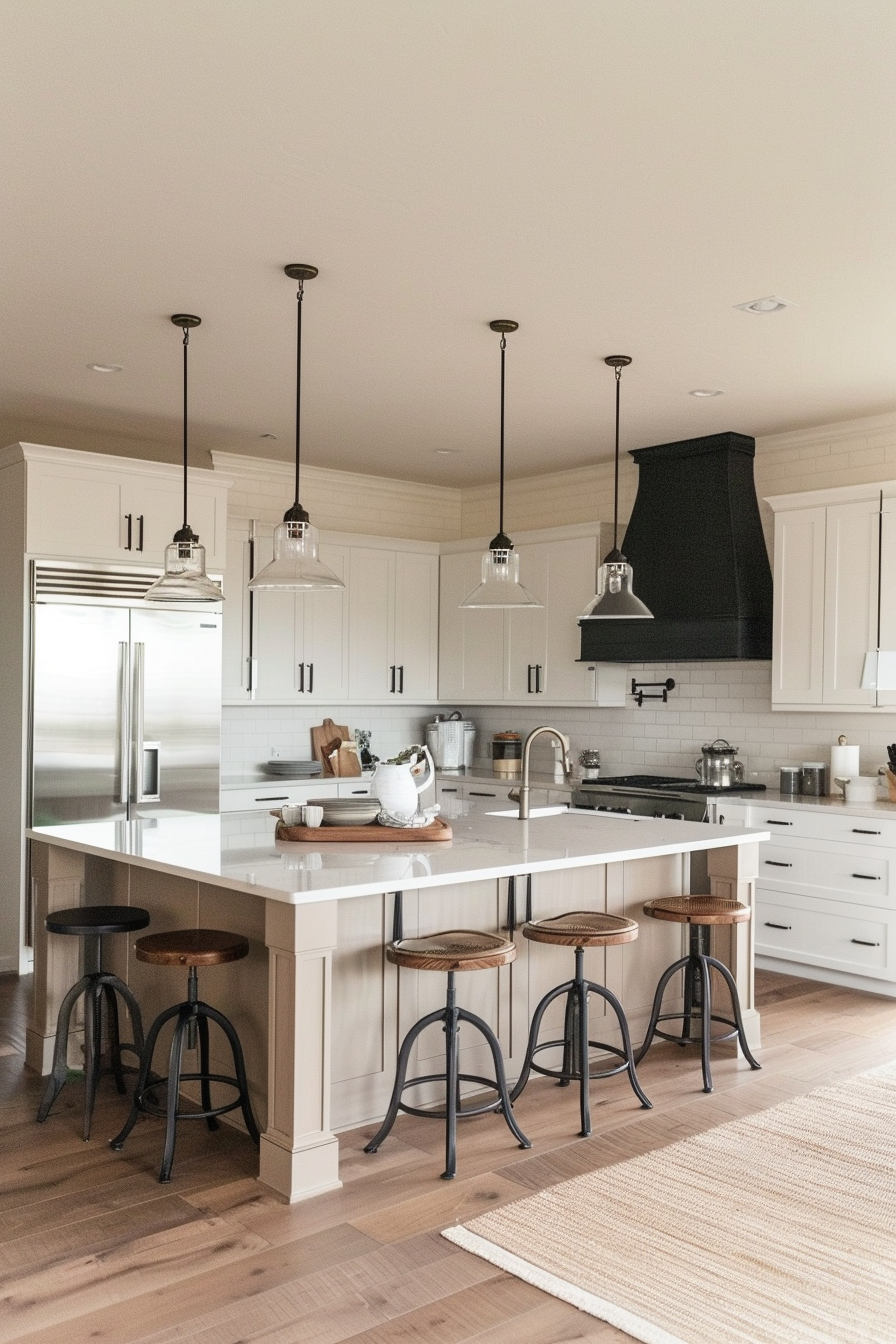 Modern kitchen interior with white cabinetry, a central island, bar stools, and pendant lights.