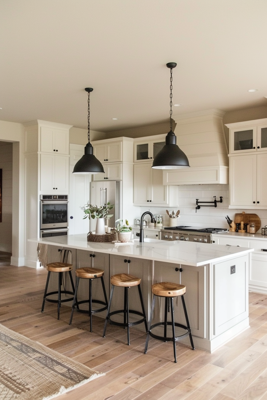 Modern kitchen interior with white cabinets, black pendant lights, a kitchen island, and wooden stools.