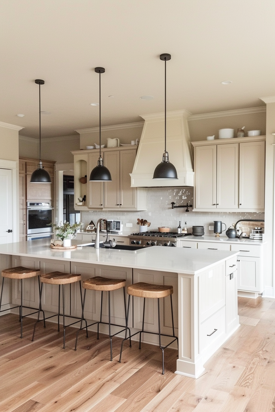 A modern kitchen interior with beige cabinets, black pendant lights, a white countertop island, and wooden stools.