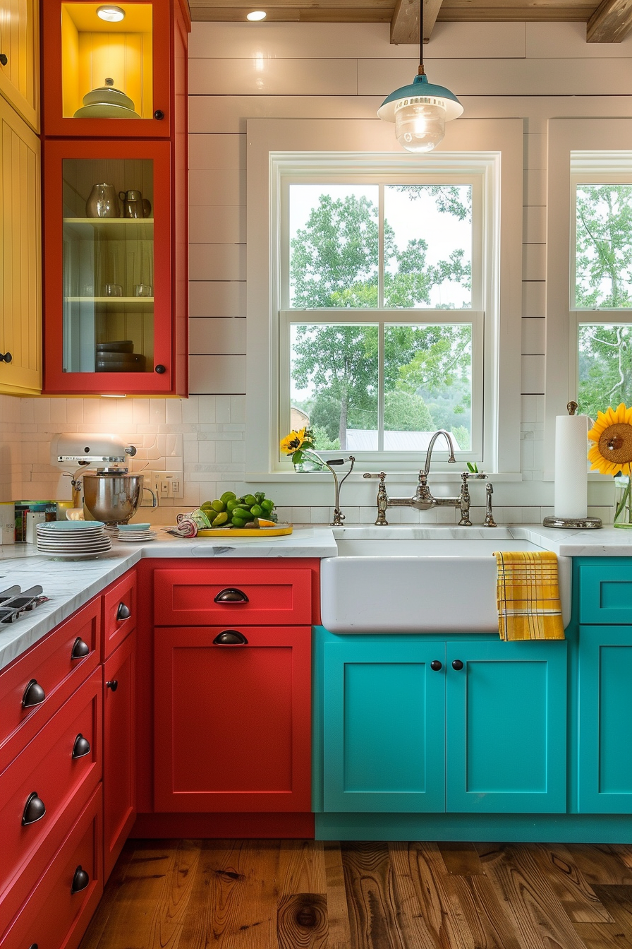 A bright kitchen with red and teal cabinets, white countertops, a farmhouse sink, and a window overlooking trees.