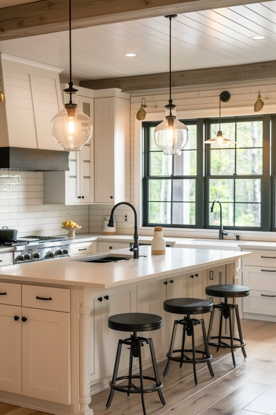 A modern kitchen with white cabinetry, subway tile backsplash, hanging glass pendant lights, and black bar stools.