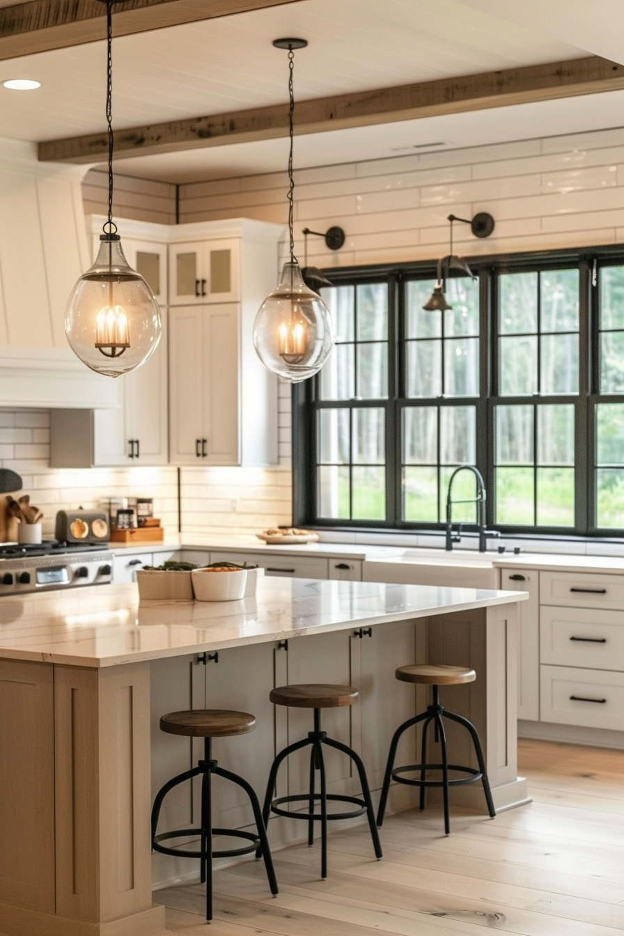 ALT: A modern kitchen with white cabinetry, pendant lights, a kitchen island with stools, and black framed windows looking outdoors.