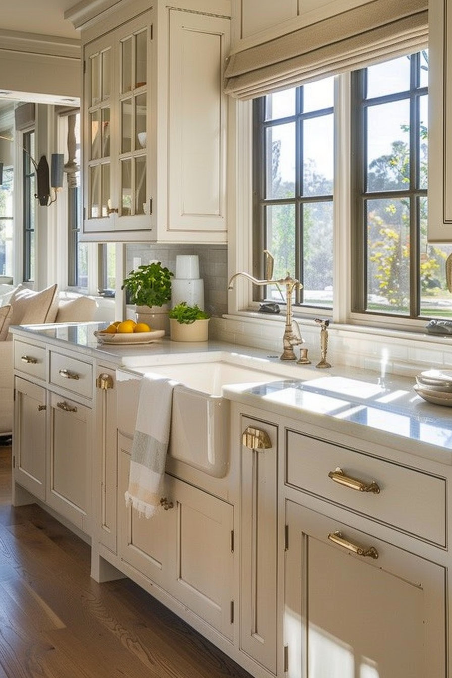 Bright kitchen interior with cream cabinets, a farmhouse sink, gold fixtures, and a window with a garden view.