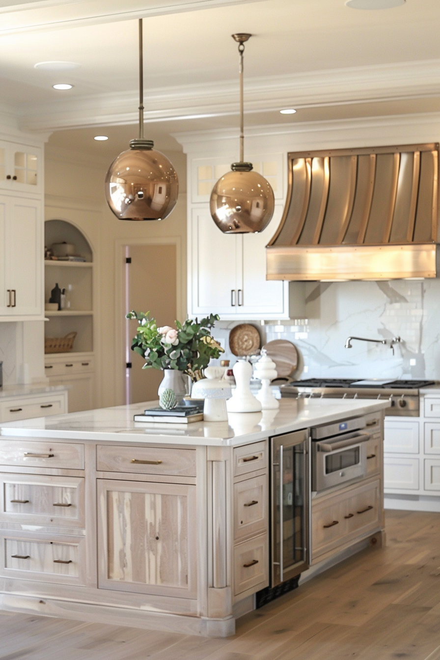 Elegant kitchen interior with a central island, bronze pendant lights, white cabinetry, and a range hood.