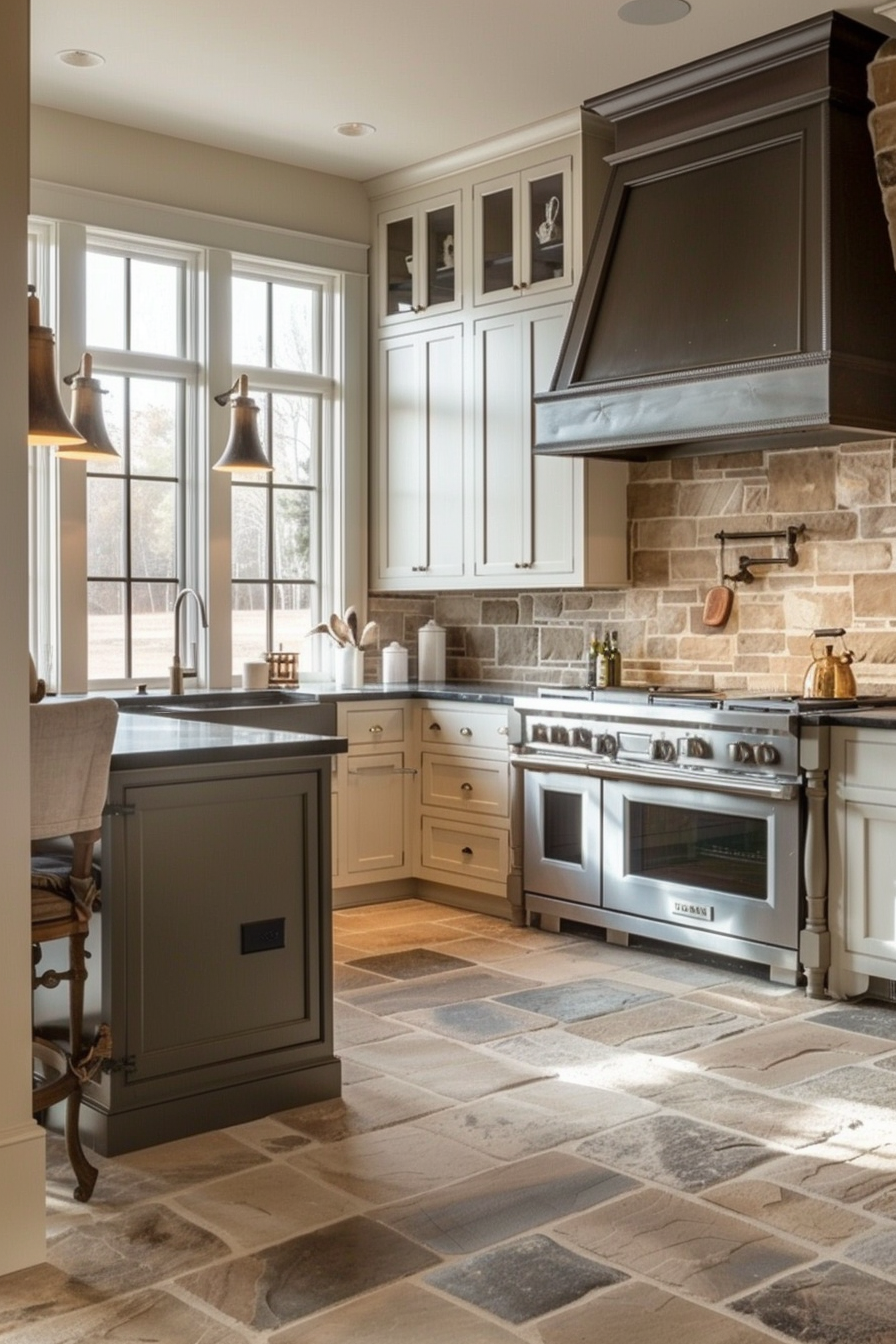 Elegant kitchen interior with stone backsplash, white cabinetry, stainless steel range, and patterned tile flooring.
