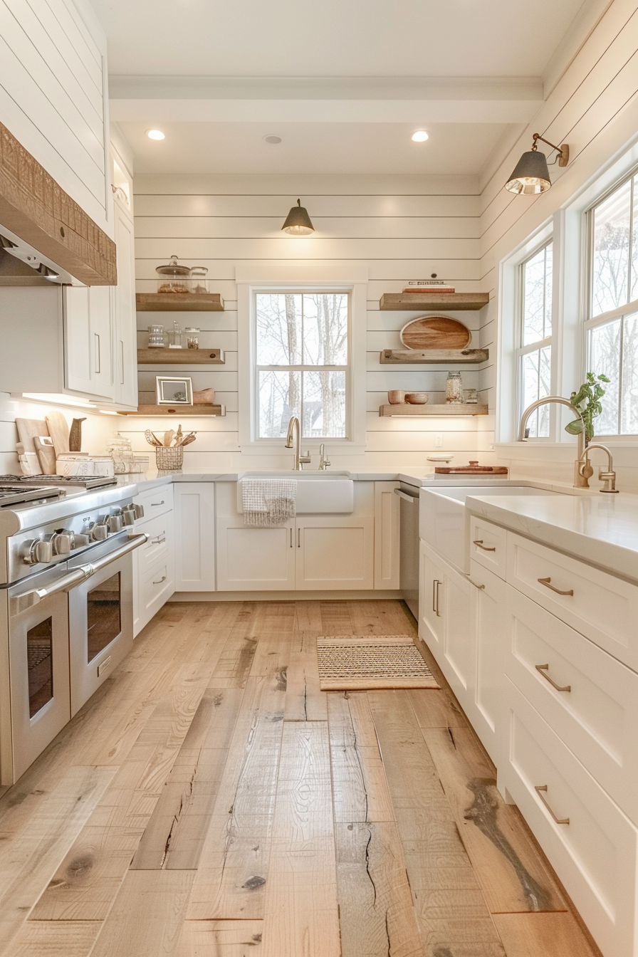 A cozy, well-lit kitchen with white cabinetry, floating wooden shelves, and a farmhouse sink beneath a window looking out to trees.