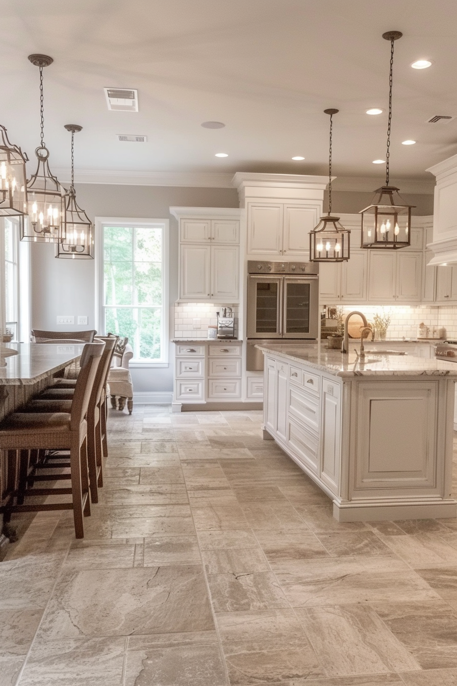 Elegant kitchen interior with white cabinets, stone countertops, and hanging lantern-style lights over an island with bar stools.