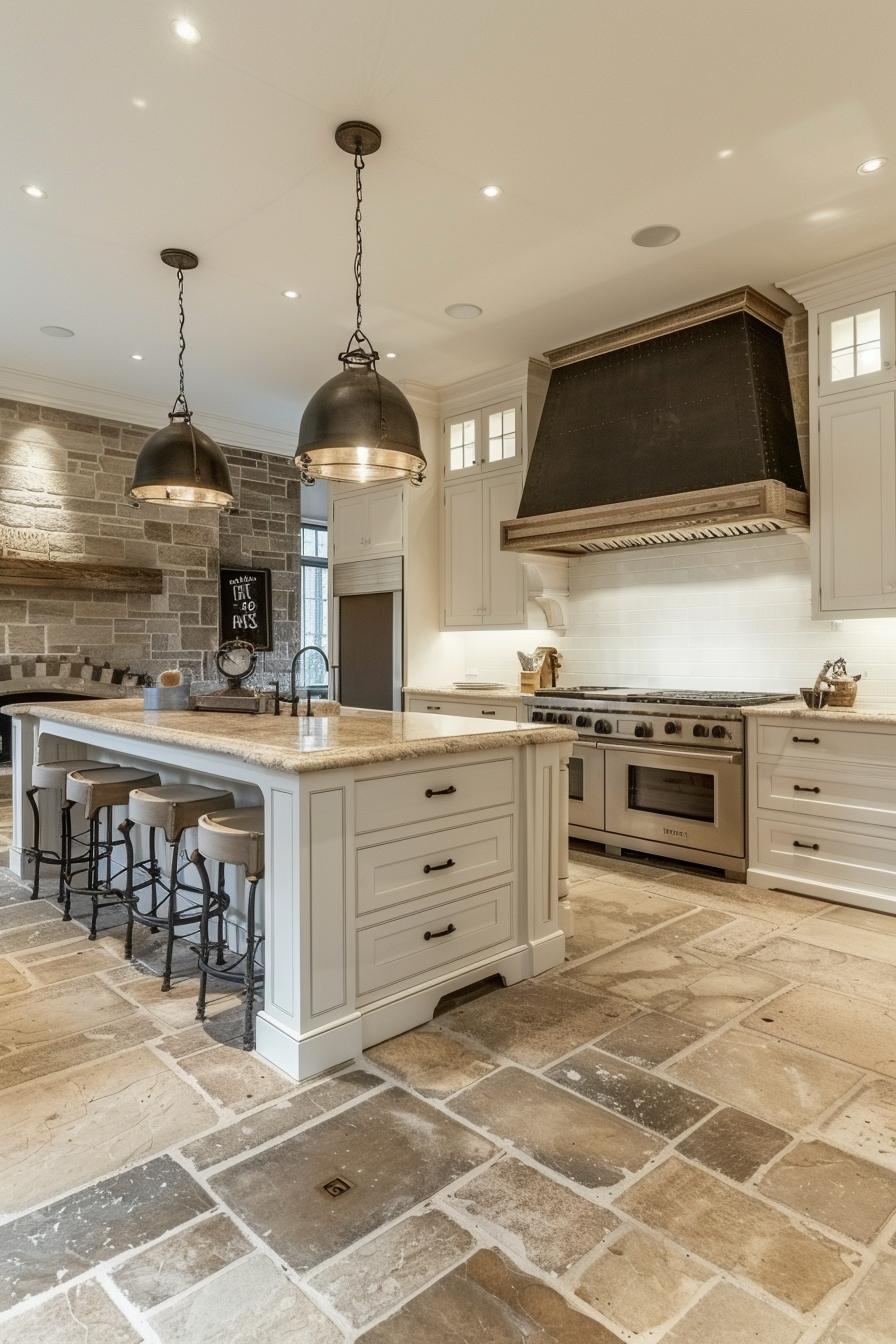 Elegant kitchen interior with stone walls, white cabinetry, granite countertops, pendant lighting, and a central island with stools.