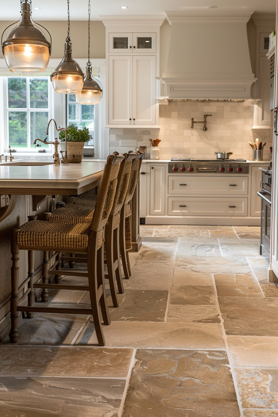 Elegant kitchen interior with a stone island countertop, wicker bar stools, and hanging pendant lights.
