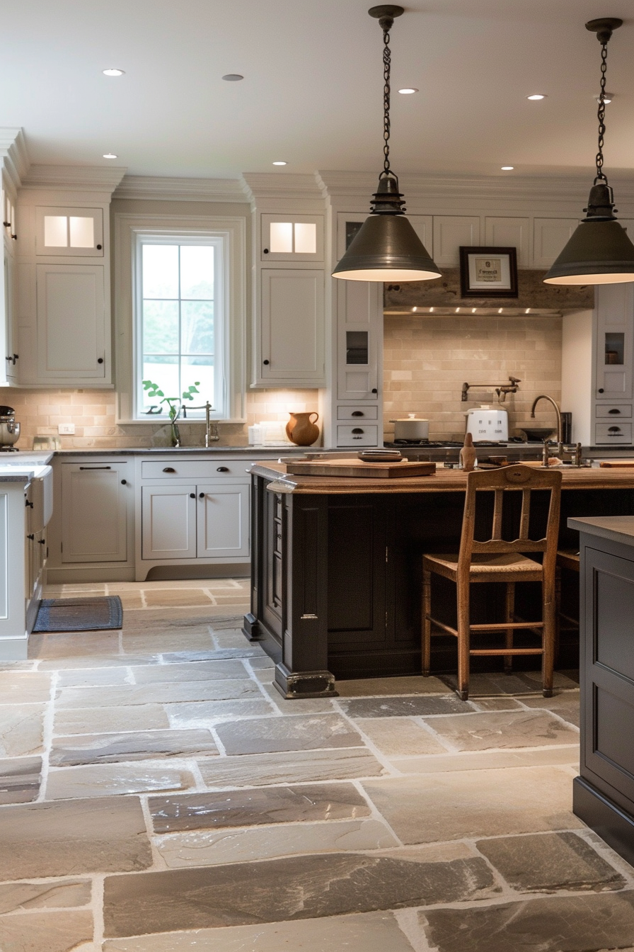Elegant kitchen interior with white cabinetry, dark island, pendant lights, and natural stone flooring.