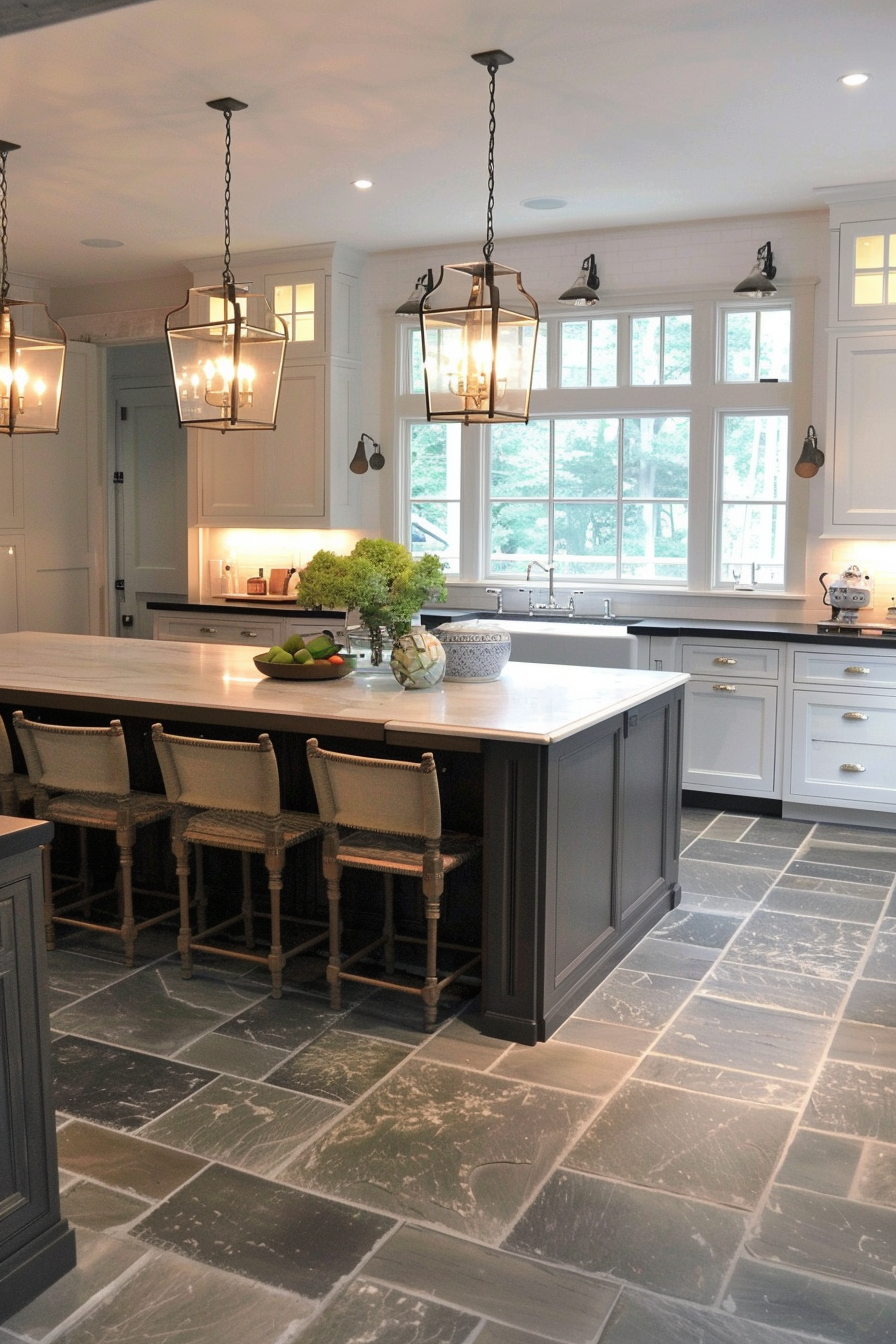 Elegant kitchen interior with a white marble countertop island, dark wood cabinets, and pendant lights.