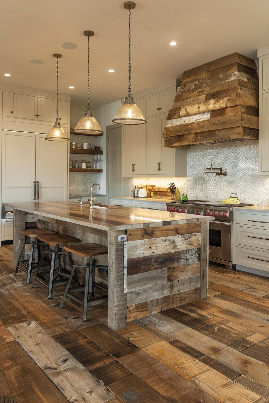 Rustic kitchen interior with reclaimed wood island, pendant lights, white cabinetry, and wood flooring.