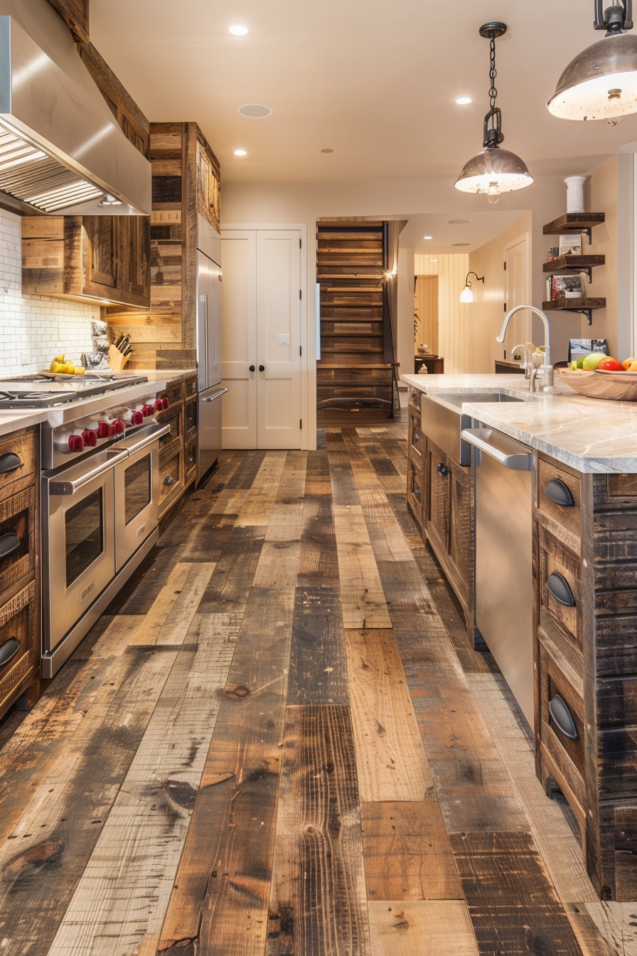 Rustic-modern kitchen with distressed wood cabinets, stainless steel appliances, and matching wooden plank flooring.