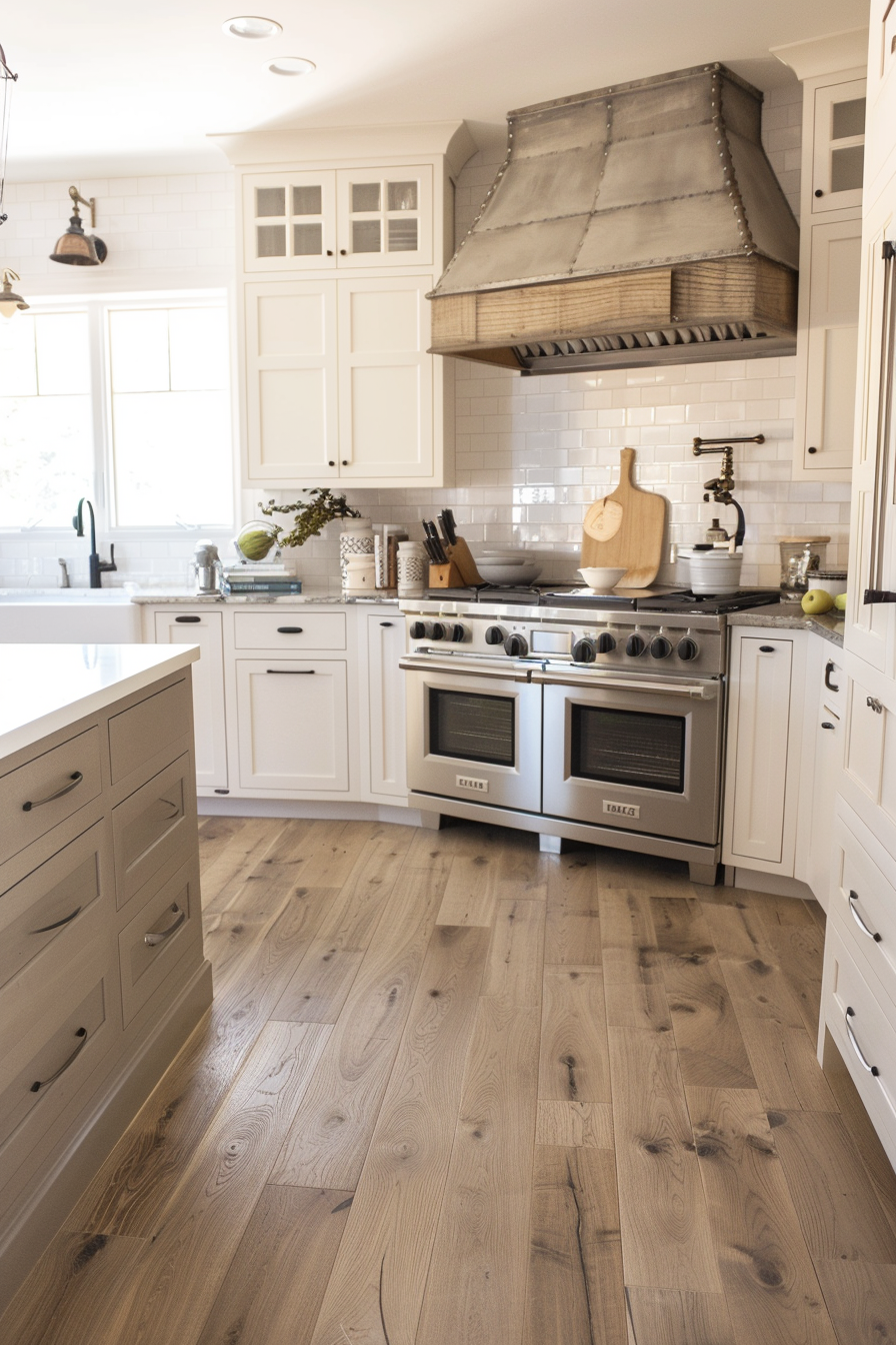 Bright kitchen interior with white cabinetry, subway tiles, a large stove, and light wooden flooring.