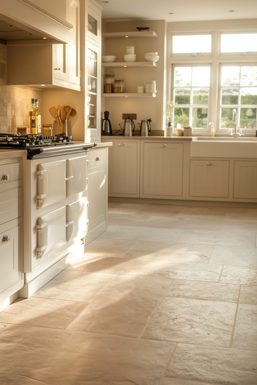 A sunlit kitchen interior with cream cabinets, a range cooker, and tiled flooring, with open shelves filled with white dishes.
