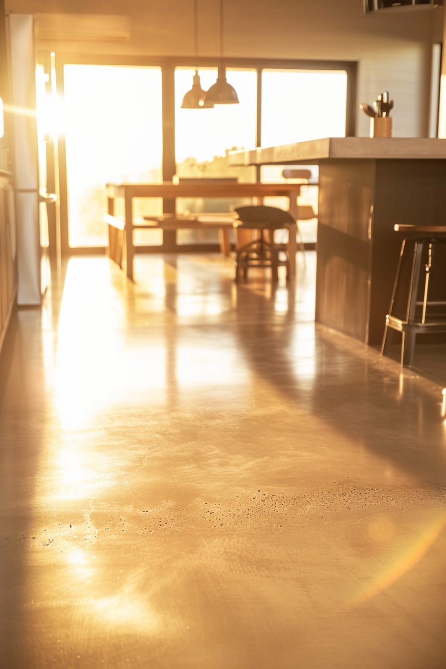 Sunlight streaming through a modern kitchen interior with a polished floor, creating a warm golden glow.