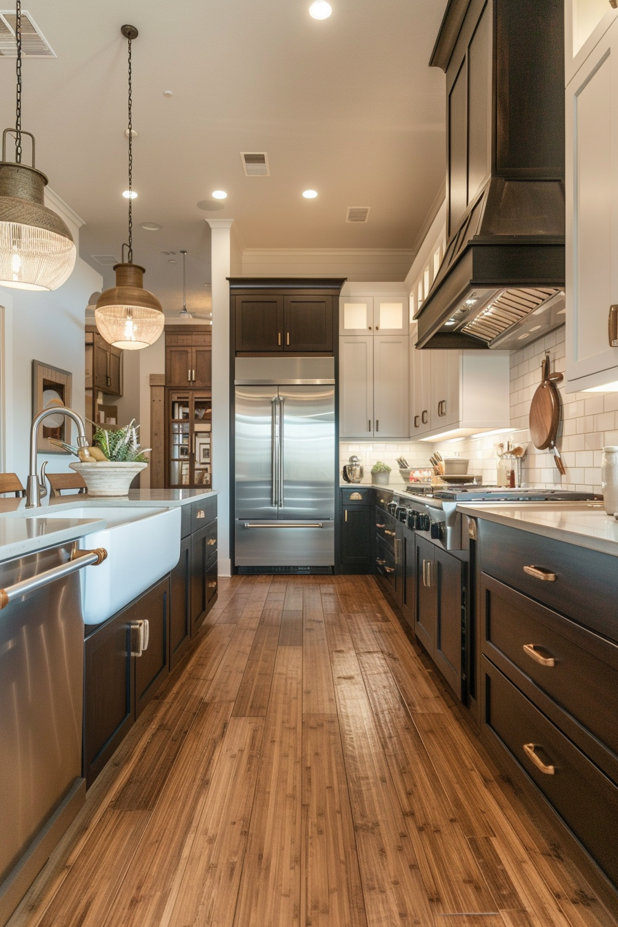Modern kitchen interior with dark wood cabinets, stainless steel appliances, pendant lights, and hardwood floors.