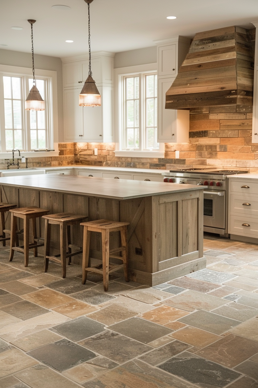 A rustic kitchen interior with a large island, stone tile flooring, pendant lighting, and wood accents.