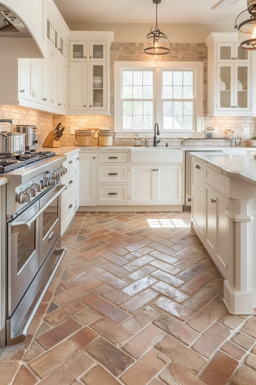 ALT: A bright, spacious kitchen with white cabinetry, brick-style backsplash, stainless steel appliances, and terracotta herringbone tiled floor.