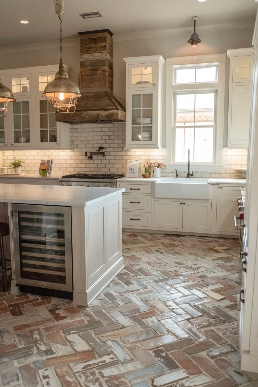 Modern kitchen interior with white cabinets, brick backsplash, herringbone brick floor, and island with built-in wine fridge.