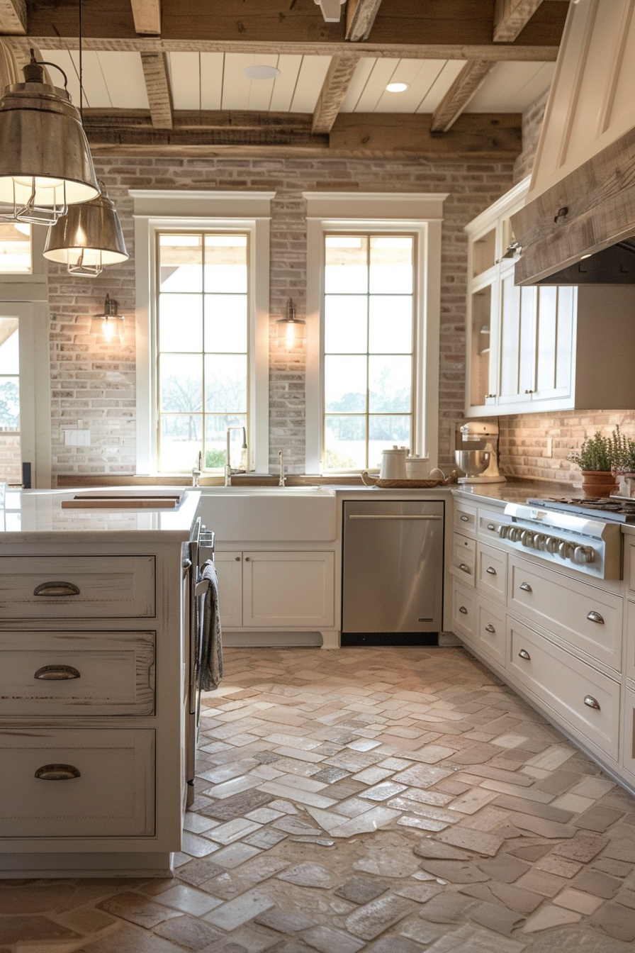 Rustic-style kitchen with white cabinetry, brick walls, large windows, and a patterned stone floor.
