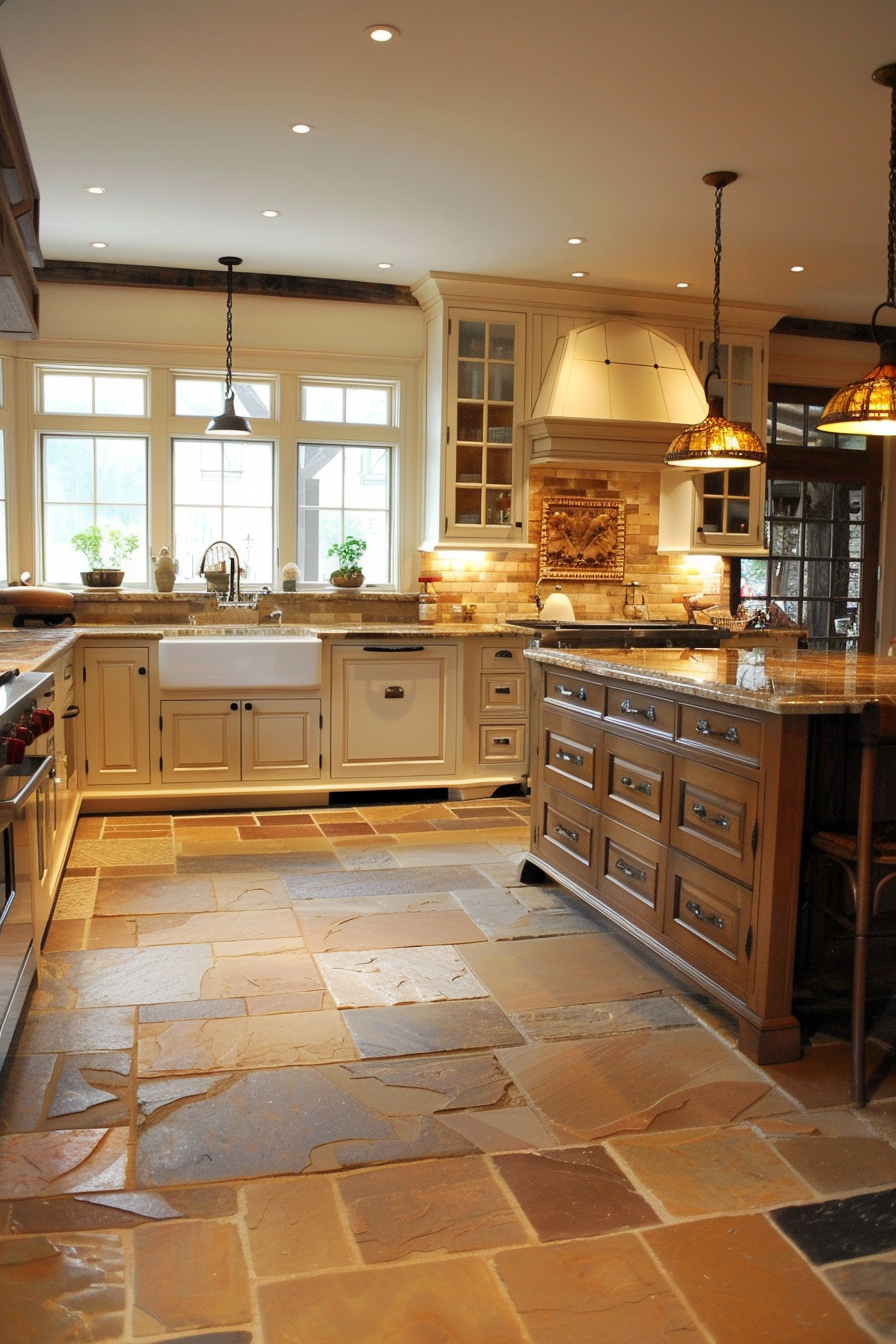 A warm, well-lit kitchen with beige cabinets, stone backsplash, a farmhouse sink, and pendant lights over an island with natural stone flooring.
