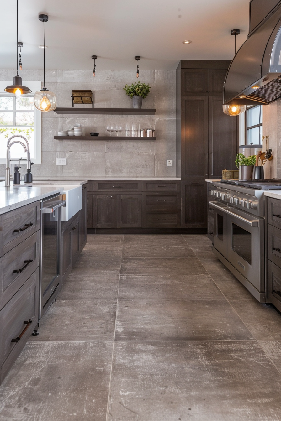 Modern kitchen interior with dark wood cabinets, concrete backsplash, industrial lighting, and tiled floor.