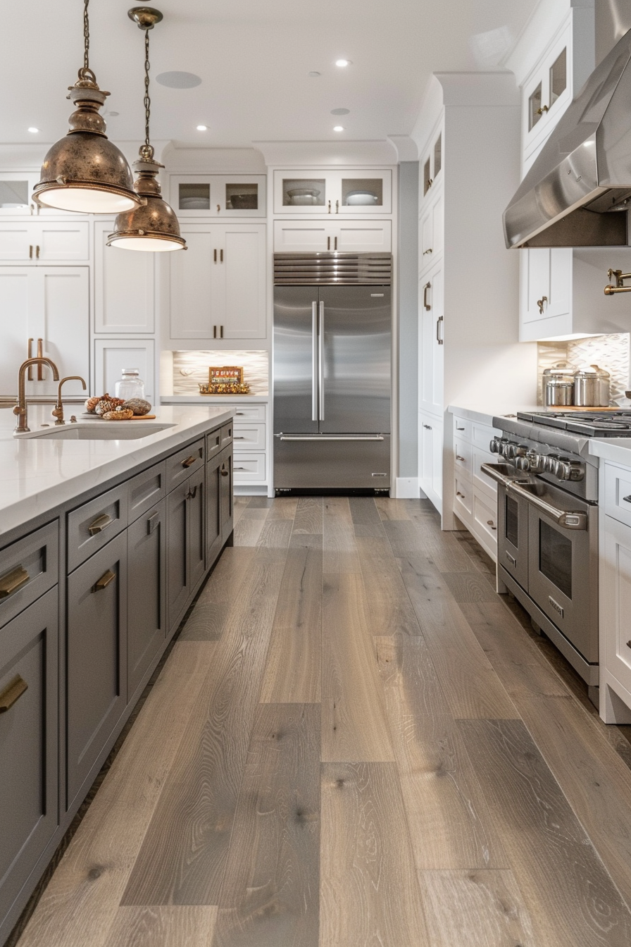 Elegant kitchen interior with white cabinetry, gray island, hardwood floors, and pendant lighting.