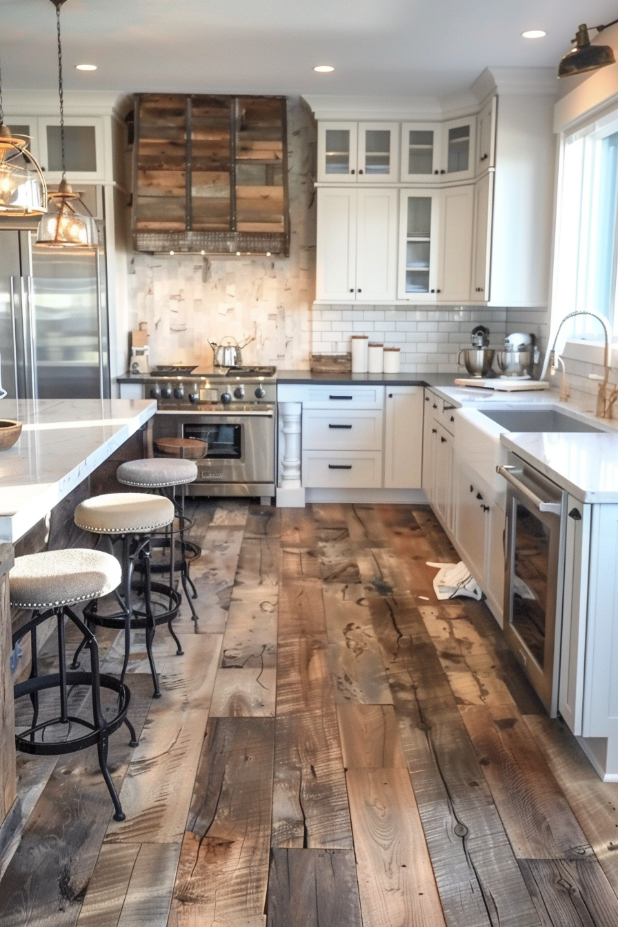 Bright kitchen with white cabinets, stainless steel appliances, a stone backsplash, and rustic wooden floors.