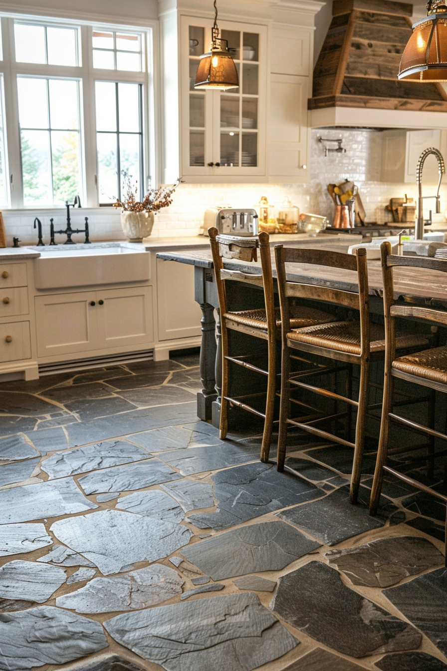 ALT: A cozy, rustic kitchen interior with slate floor tiles, wooden bar stools, white cabinetry, pendant lights, and a farmhouse sink by a window.