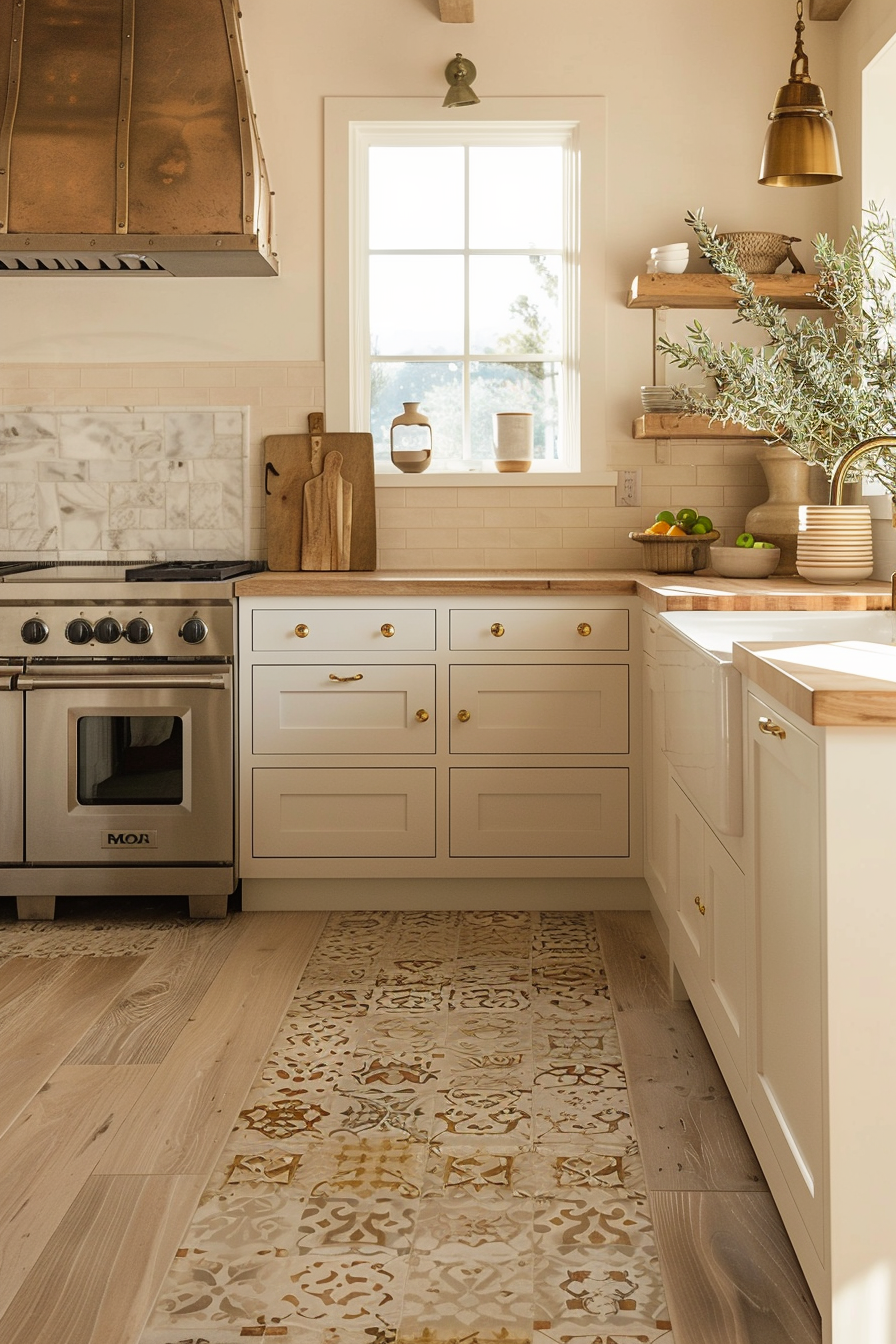 A bright kitchen with white cabinets, wooden countertops, patterned floor tiles, and a window letting in sunlight.
