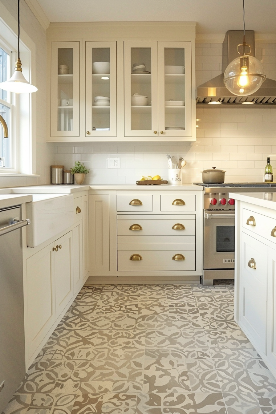 A bright, modern kitchen with white cabinetry, brass handles, subway tiles, patterned floor, and pendant lighting.