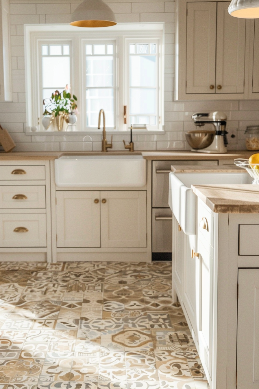 A well-lit kitchen with white cabinets, a farmhouse sink, patterned floor tiles, and a stand mixer on the counter.
