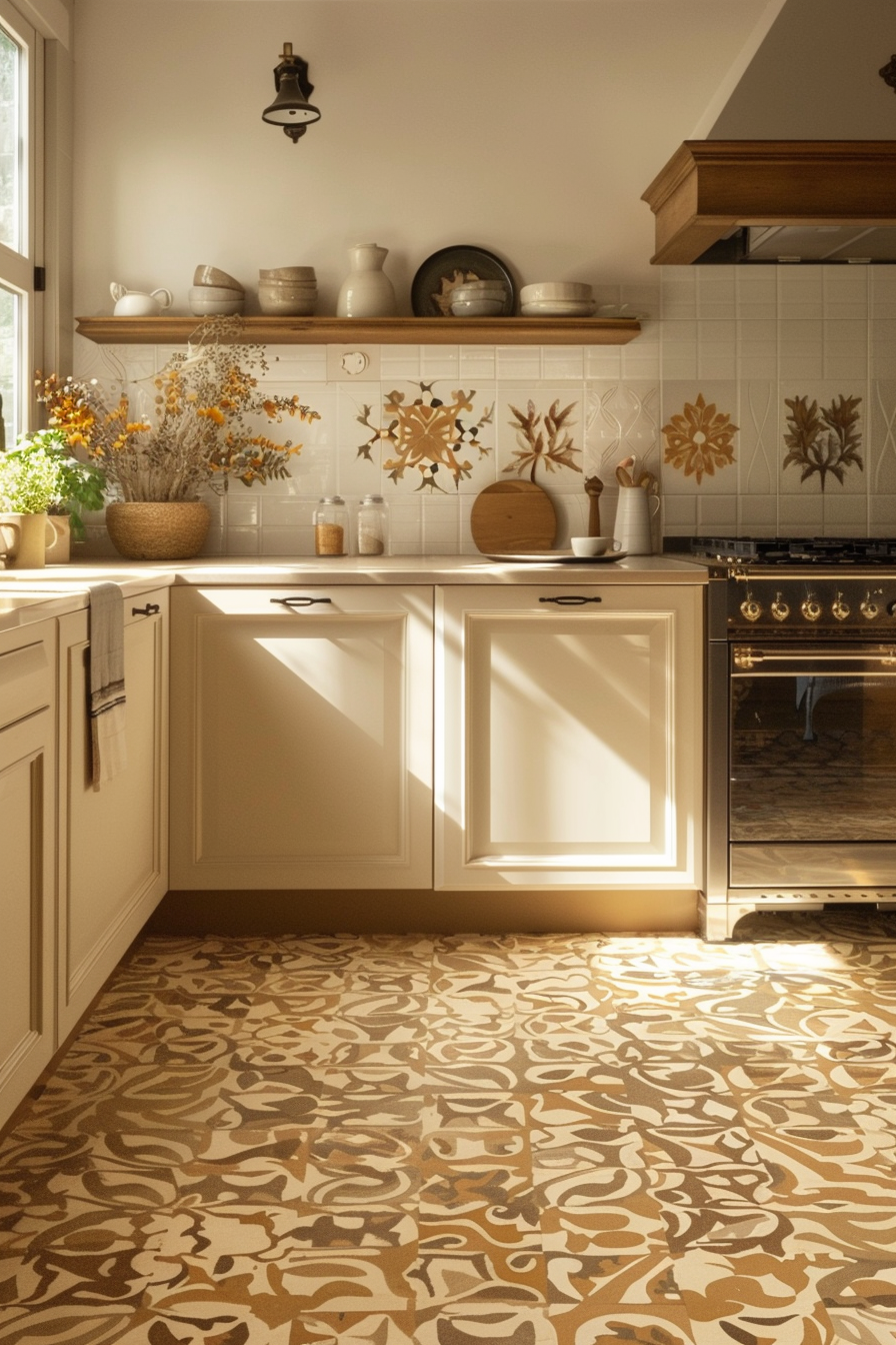 Warm sunlit kitchen with decorative tiles, patterned floor, wooden counters, and hanging pots.