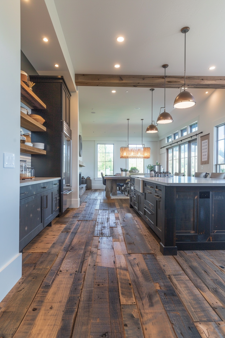 Modern kitchen interior with dark wood cabinets, rustic wooden floor, and hanging pendant lights.
