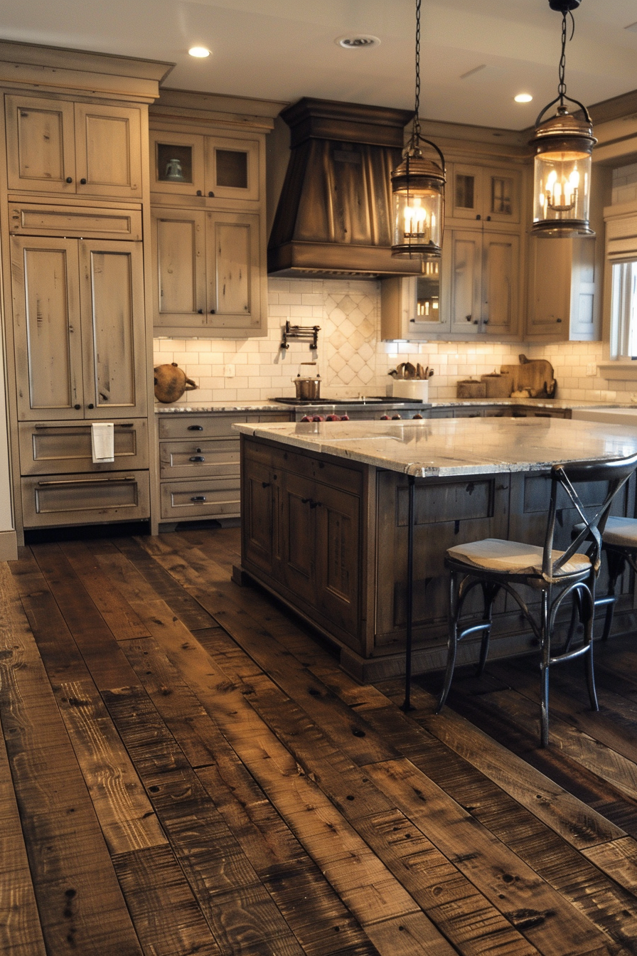 Rustic kitchen interior with wooden cabinets, hardwood floors, a large island, and hanging lantern lights.